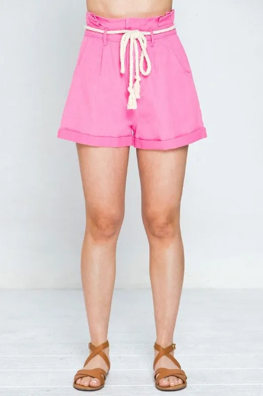 SOLID PAPER BAG SHORTS W ROPE BELT