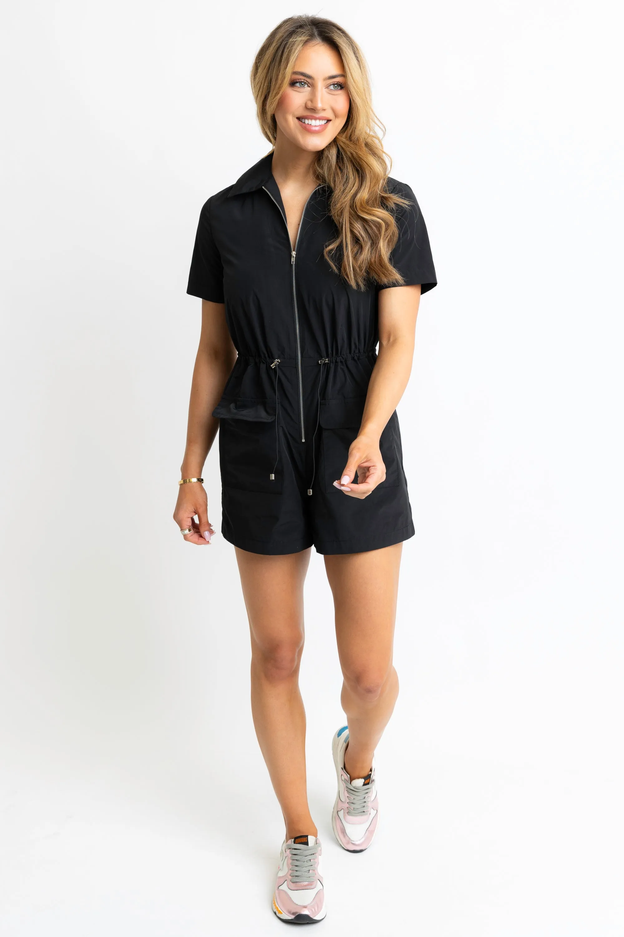 Solid Pocket Cinch Waist Romper