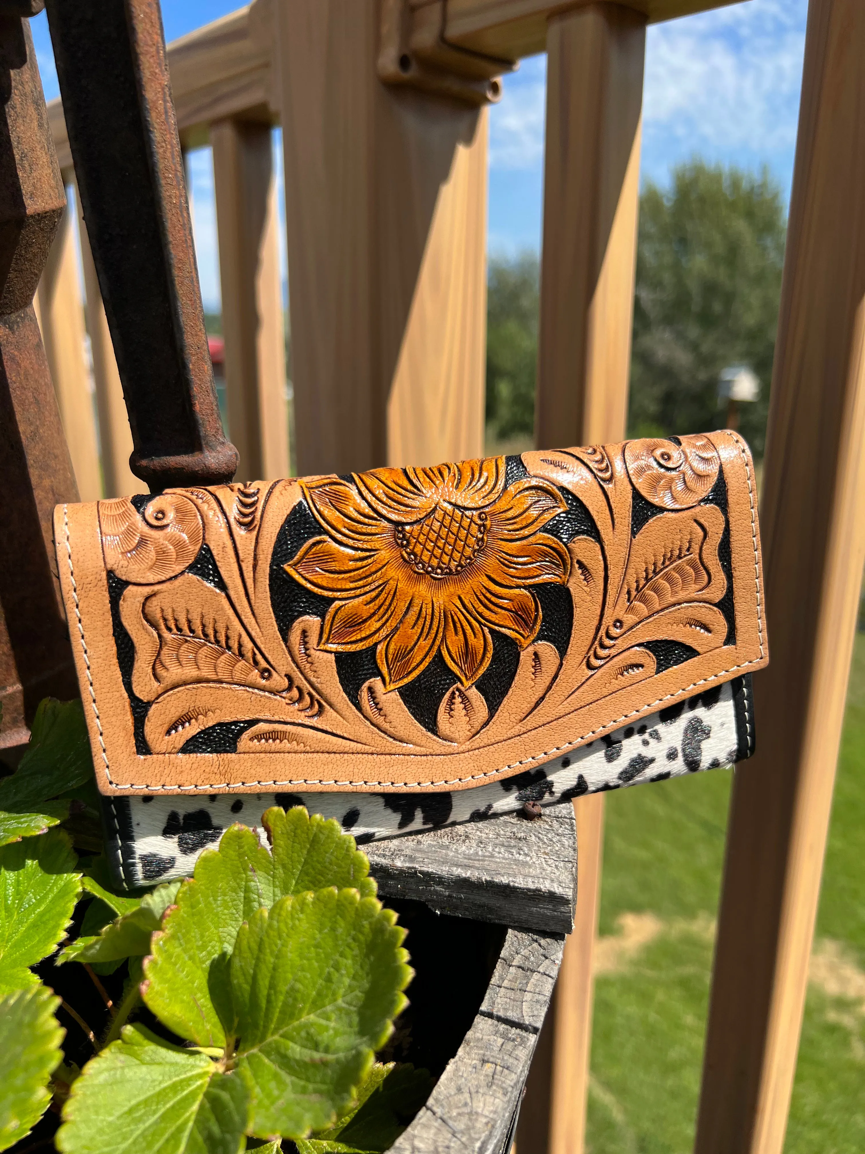 Sunflower Handcrafted Tooled leather & dalmation genuine cowhide womens wallet