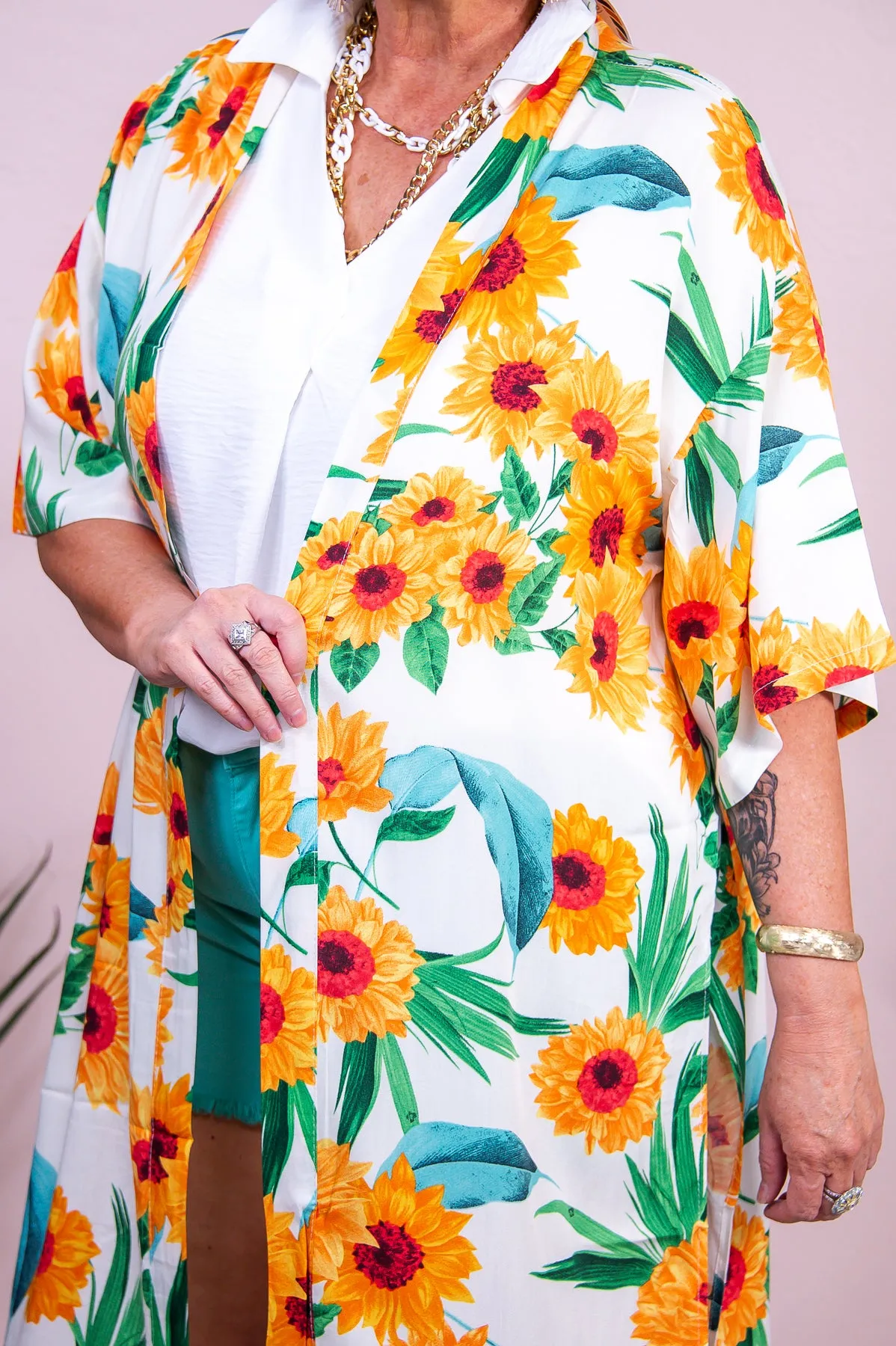 Sunny Sundays White/Yellow/Green Sunflower Kimono (One Size 4-18) - O5483WH