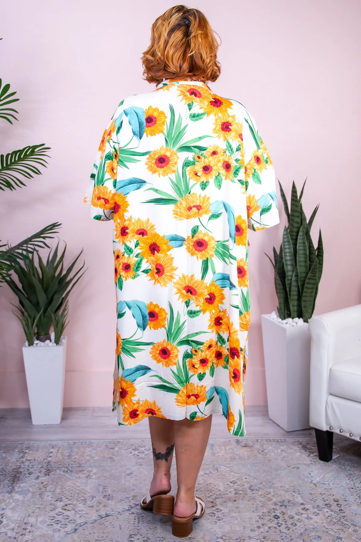 Sunny Sundays White/Yellow/Green Sunflower Kimono (One Size 4-18) - O5483WH