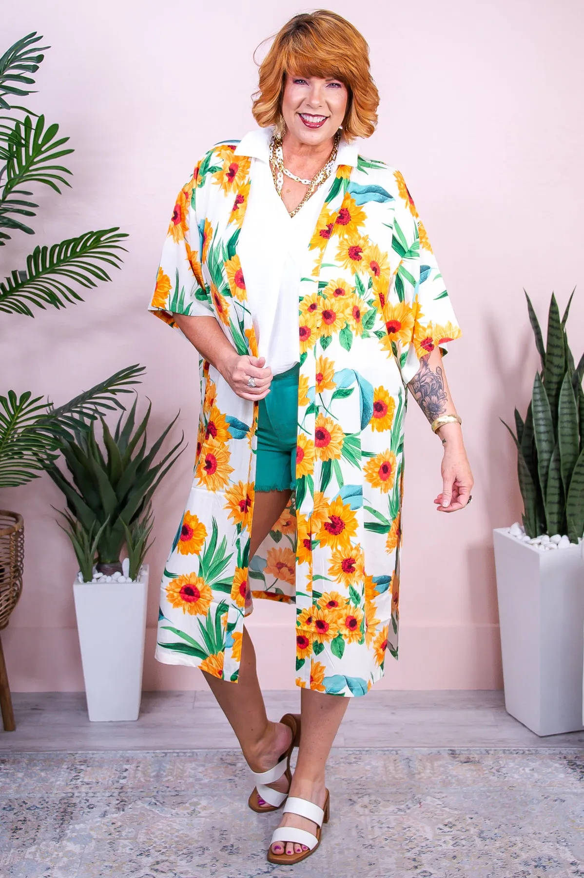 Sunny Sundays White/Yellow/Green Sunflower Kimono (One Size 4-18) - O5483WH