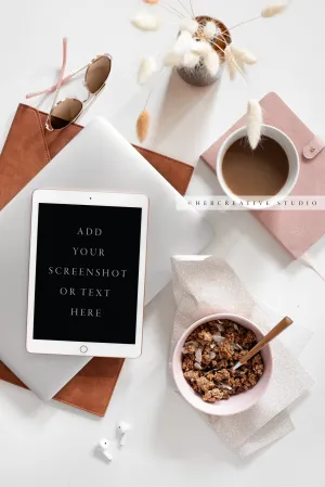 Tablet, Granola & Laptop Workspace. Digital Image.
