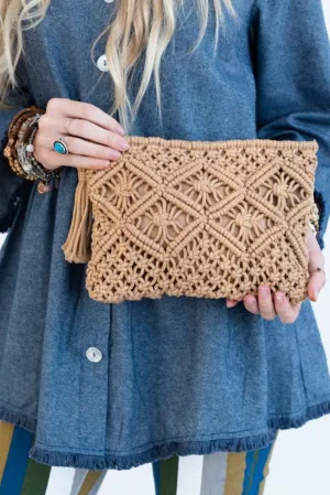 Tan Crochet Clutch Bag