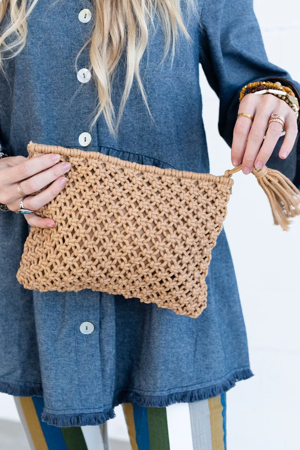 Tan Crochet Clutch Bag