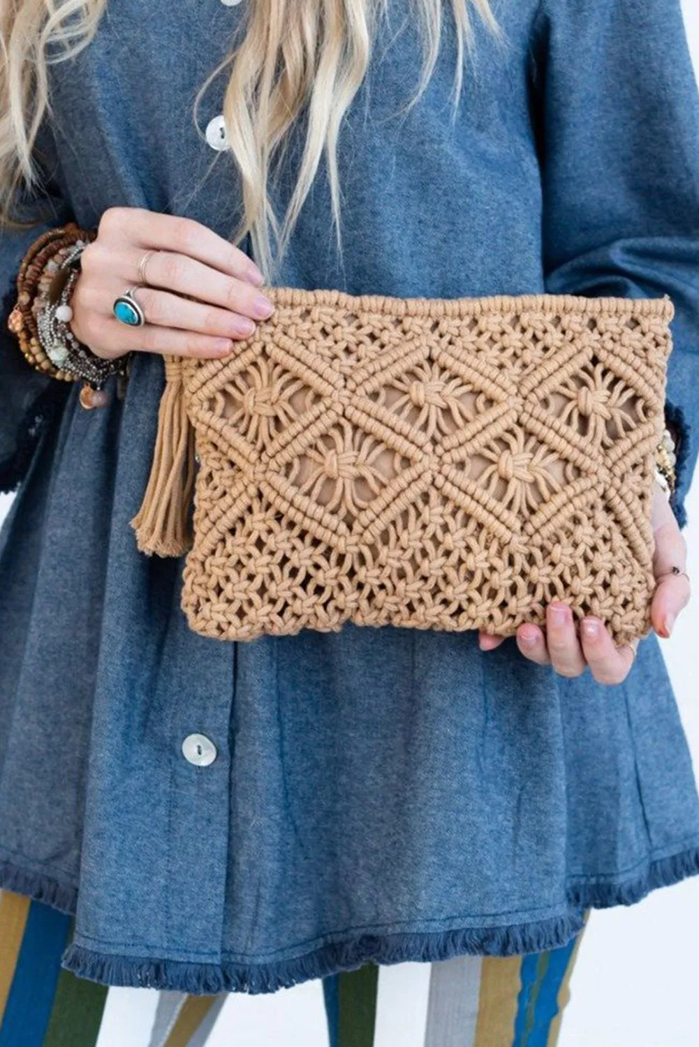Tan Crochet Clutch Bag