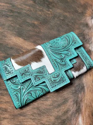 Tooled Turquoise Cowhide Wallet