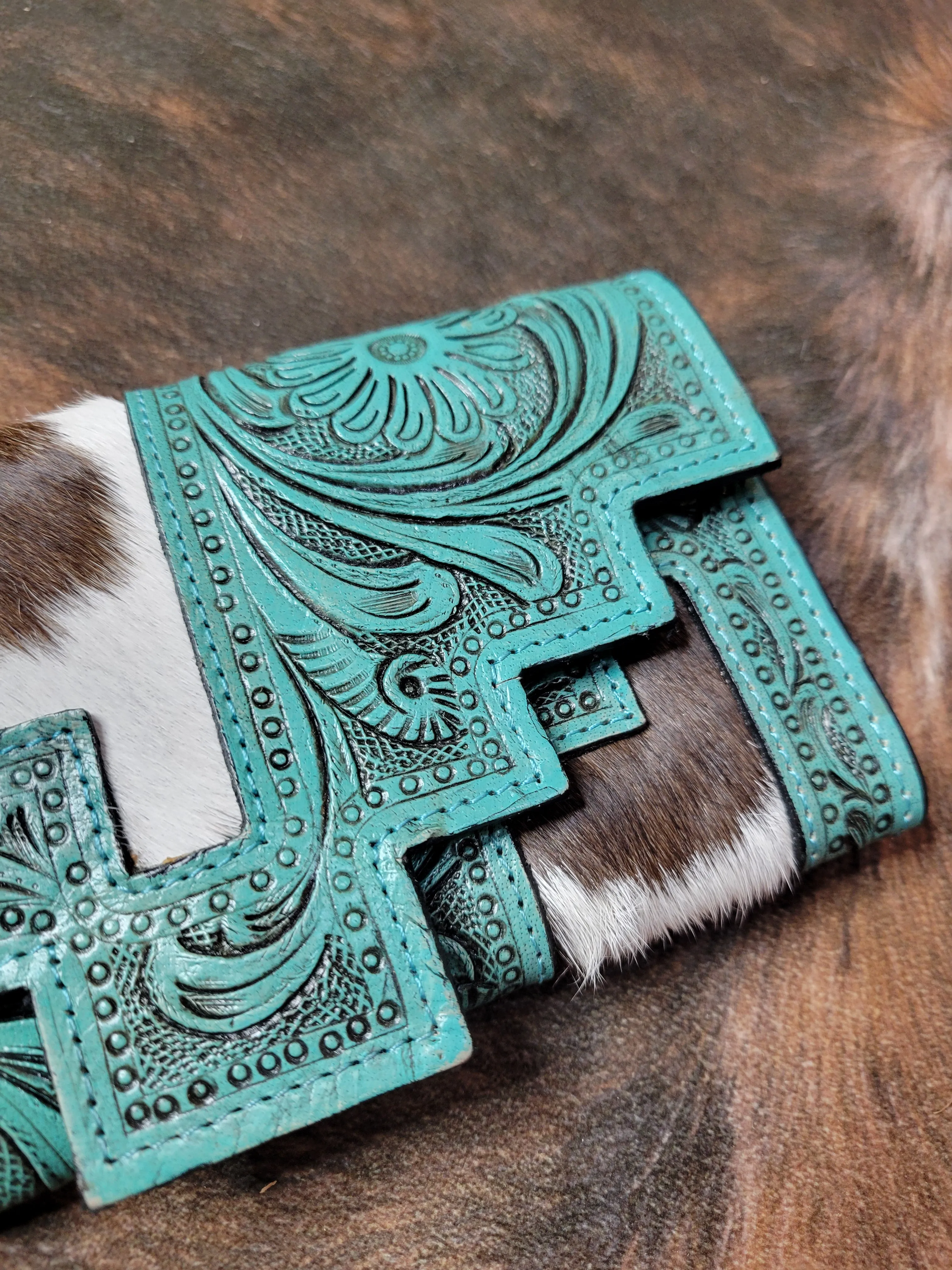 Tooled Turquoise Cowhide Wallet