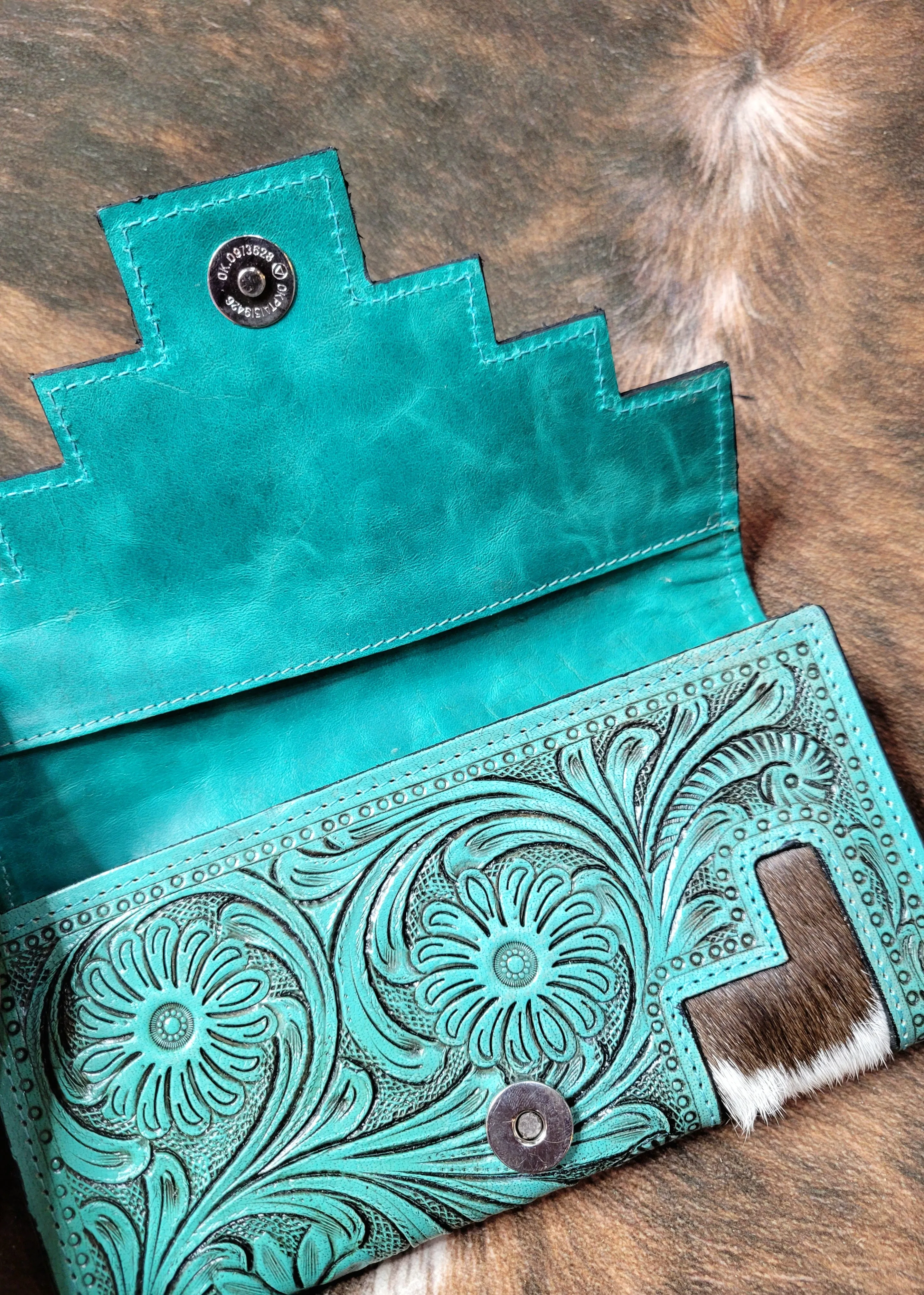 Tooled Turquoise Cowhide Wallet