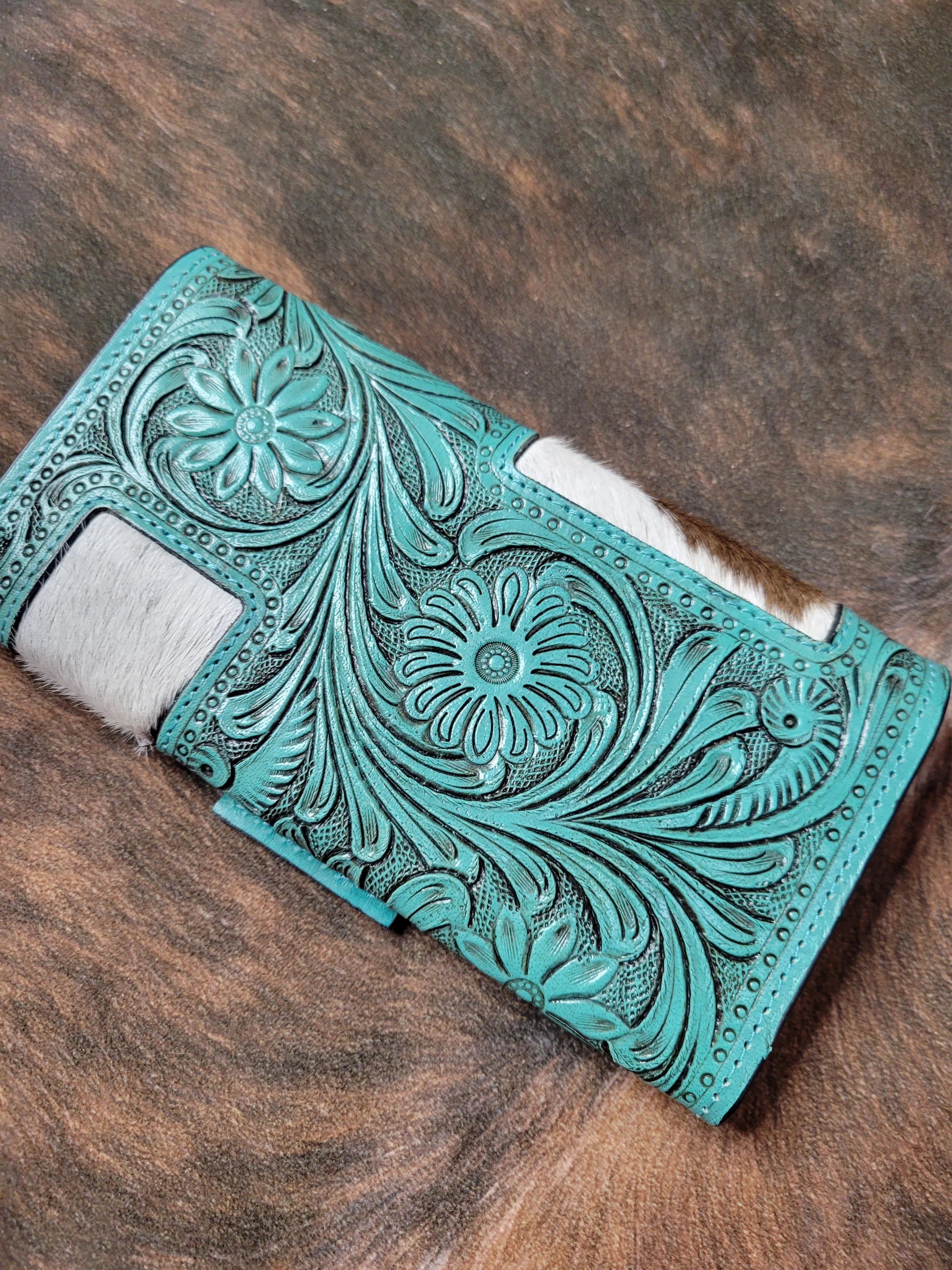 Tooled Turquoise Cowhide Wallet