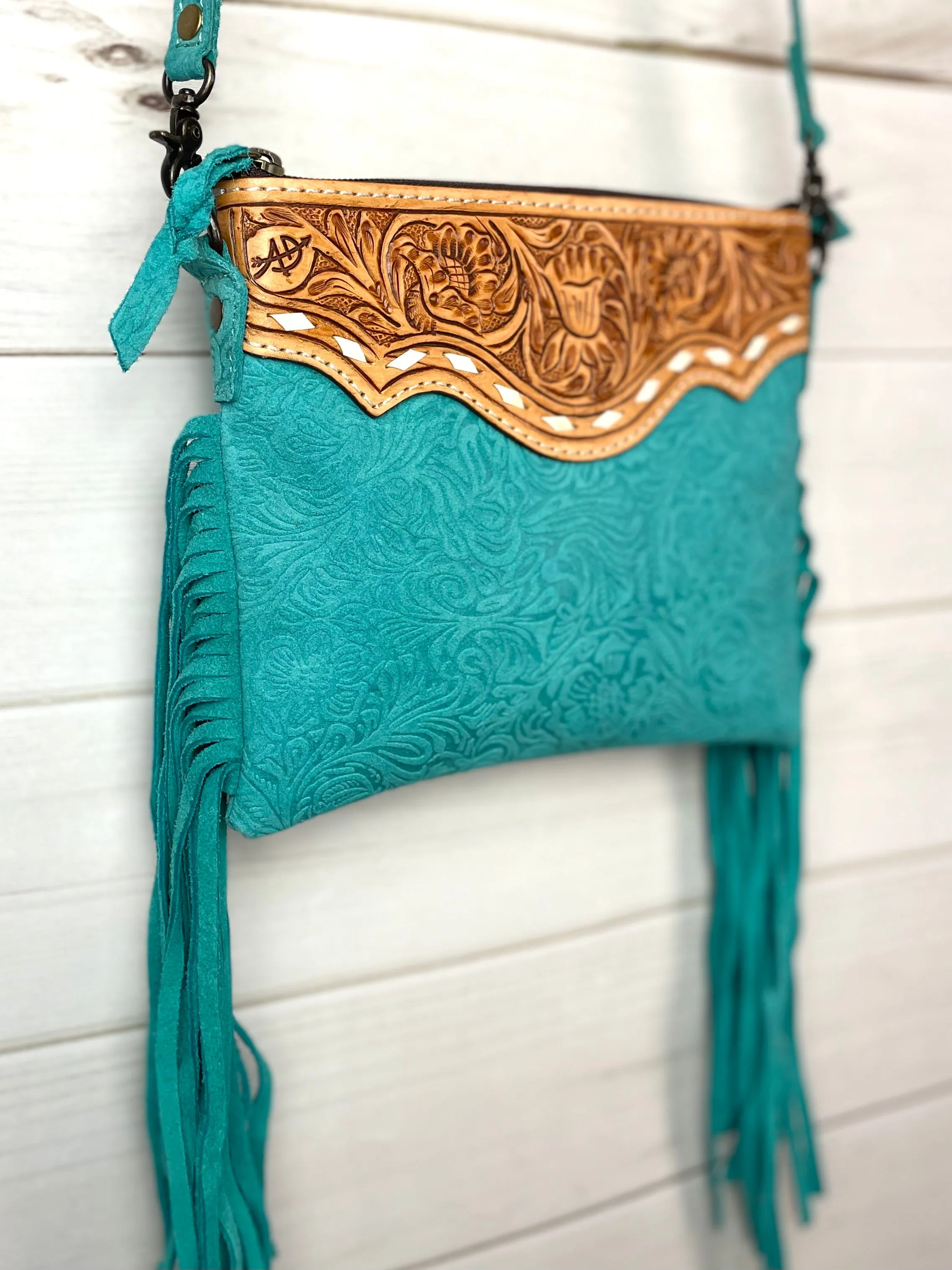 Turquoise Suede Brocade Medium Leather Tooled & Buckstitch Purse