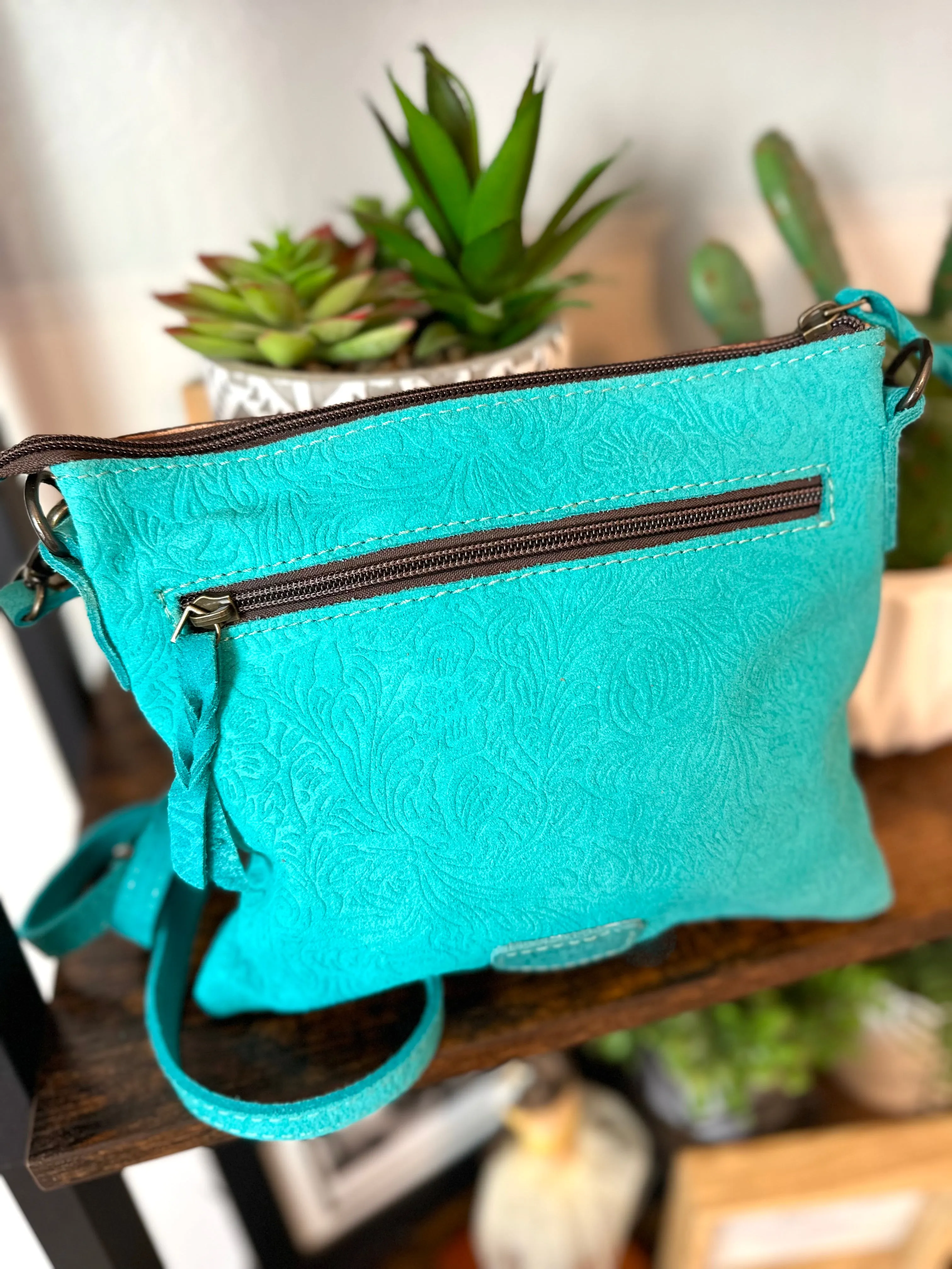Turquoise Suede Brocade Medium Leather Tooled & Buckstitch Purse