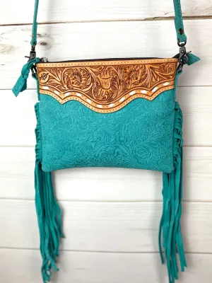 Turquoise Suede Brocade Medium Leather Tooled & Buckstitch Purse