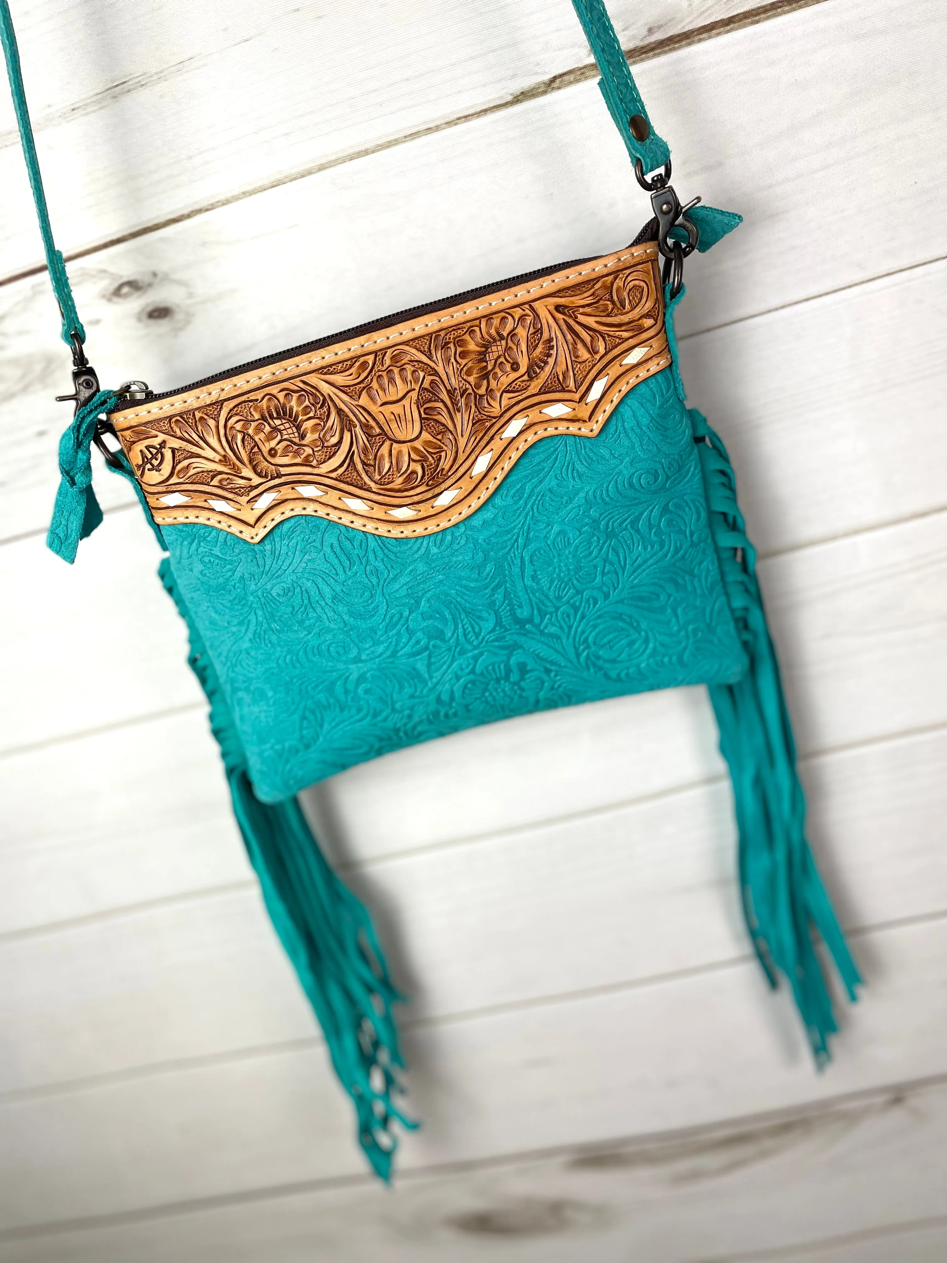 Turquoise Suede Brocade Medium Leather Tooled & Buckstitch Purse