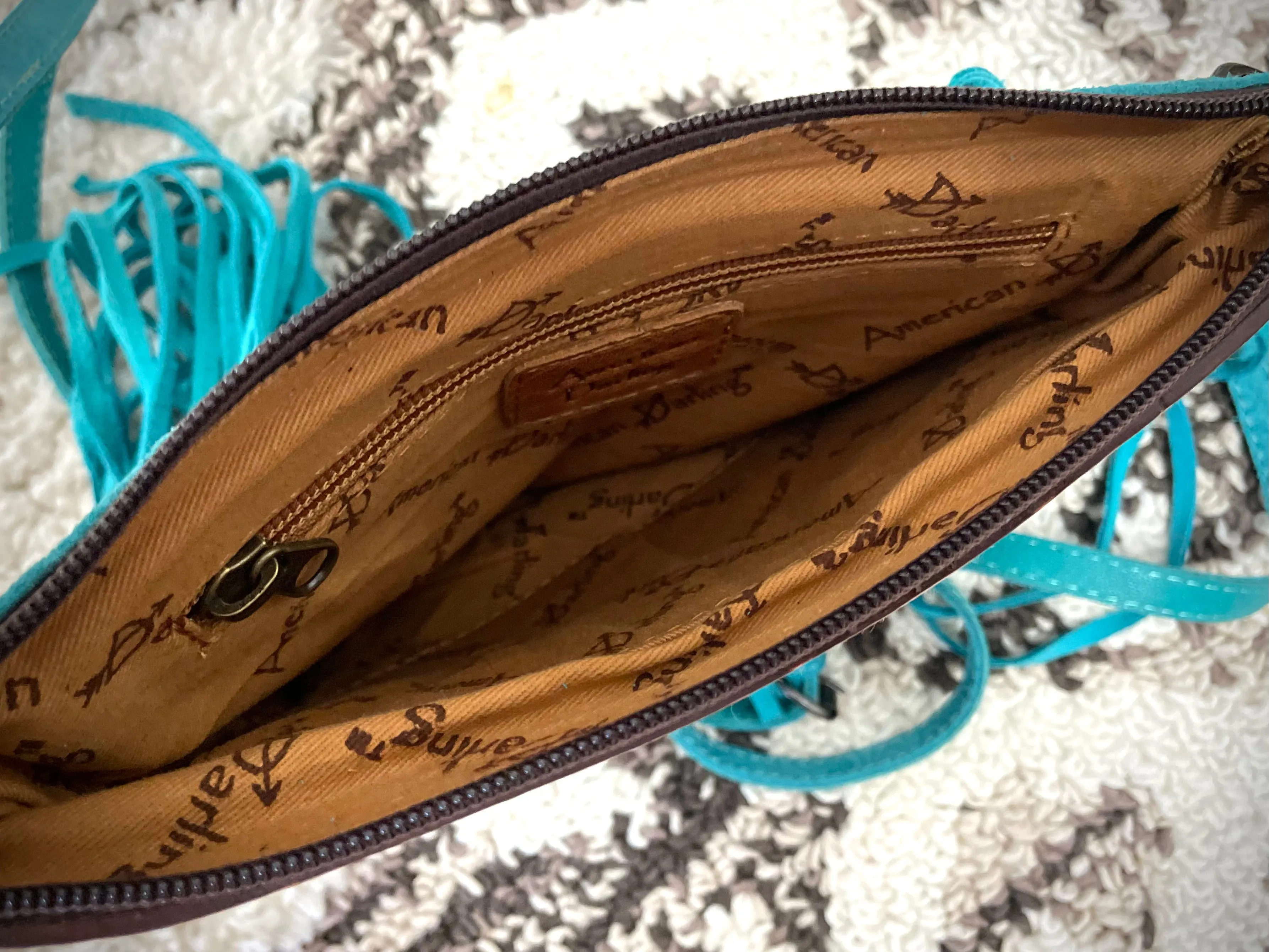 Turquoise Suede Brocade Medium Leather Tooled & Buckstitch Purse