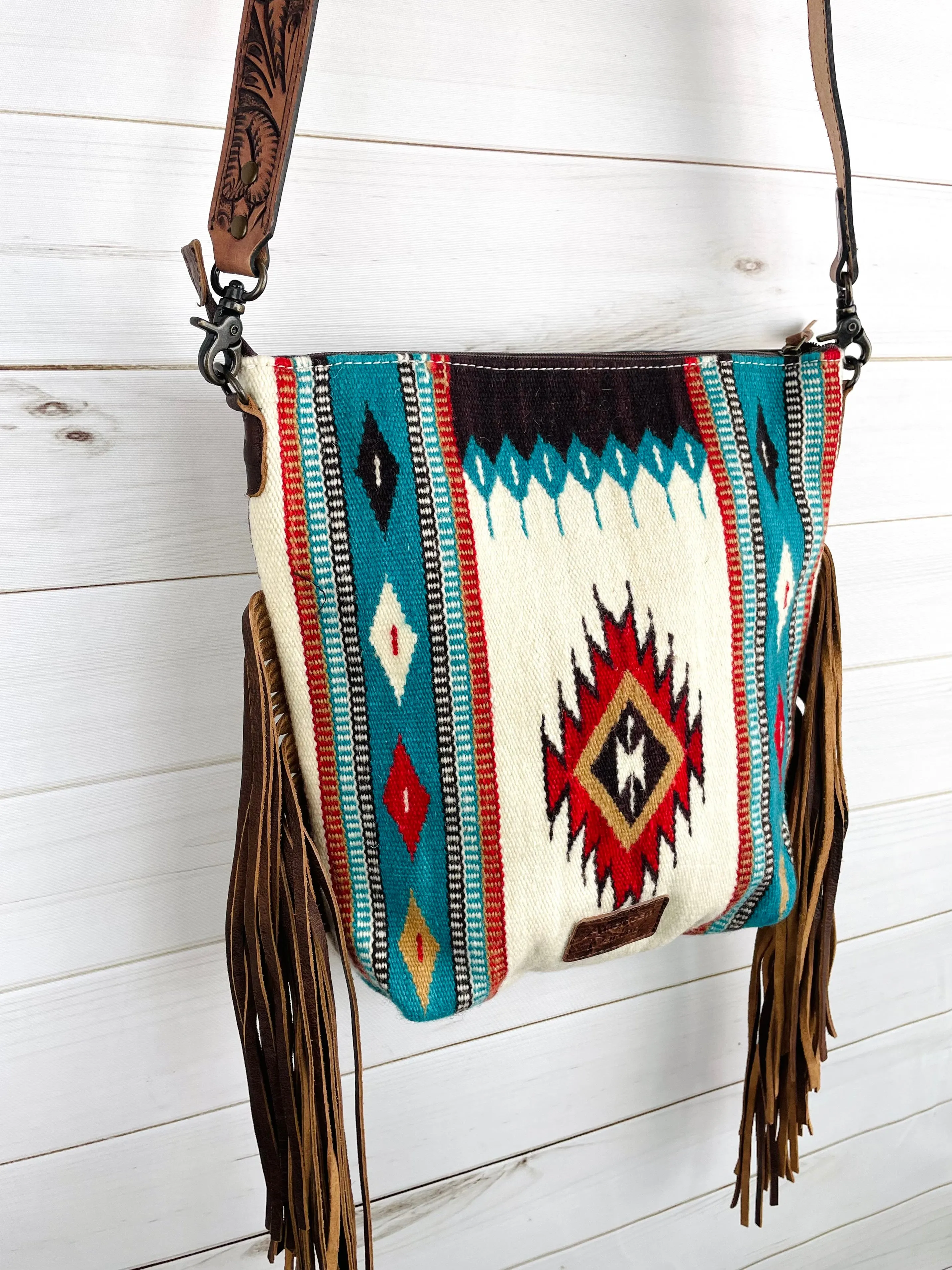 Valley Red & Turquoise Diamond Wool Leather Tooled Fringe Handbag