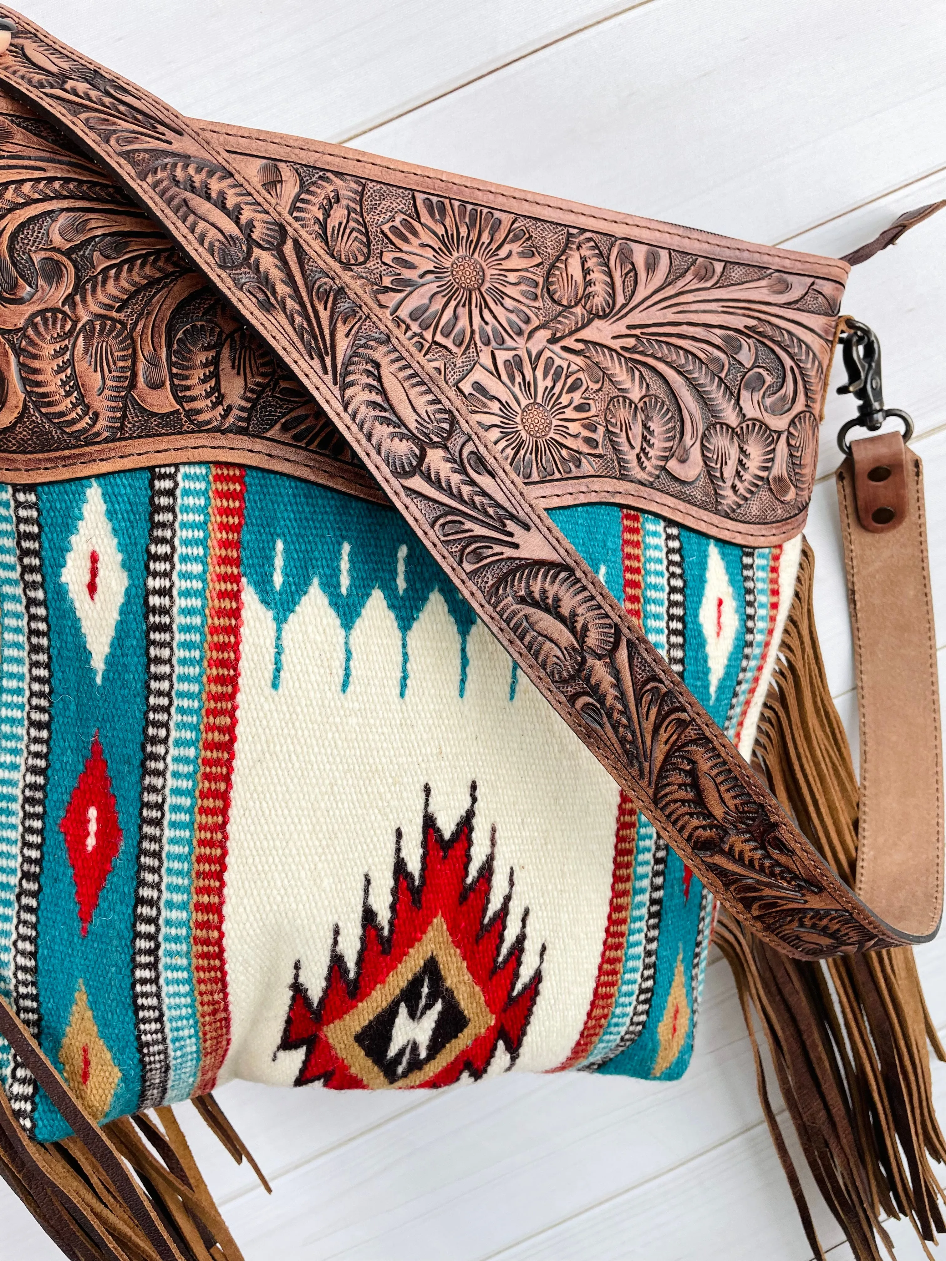 Valley Red & Turquoise Diamond Wool Leather Tooled Fringe Handbag