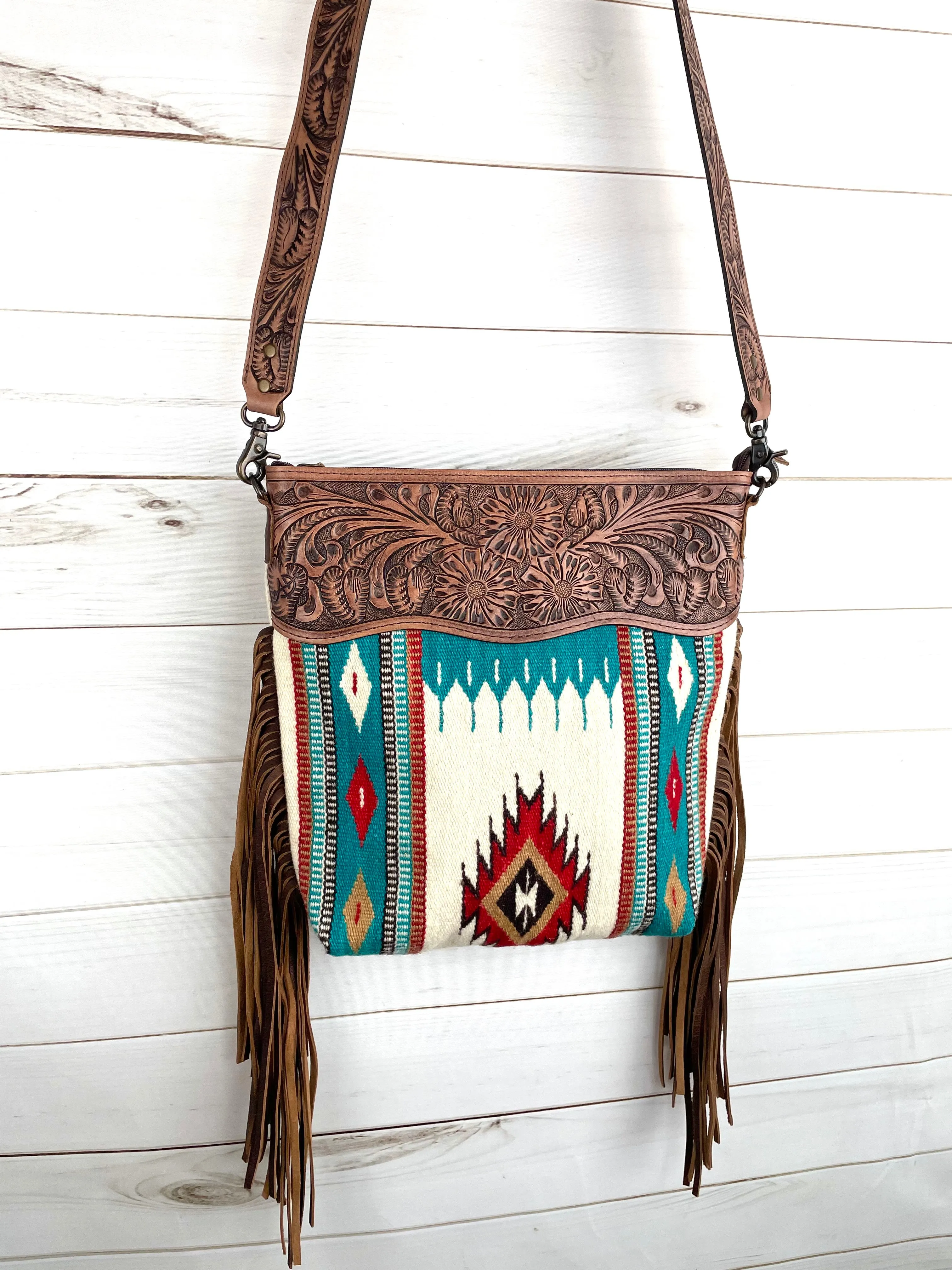 Valley Red & Turquoise Diamond Wool Leather Tooled Fringe Handbag