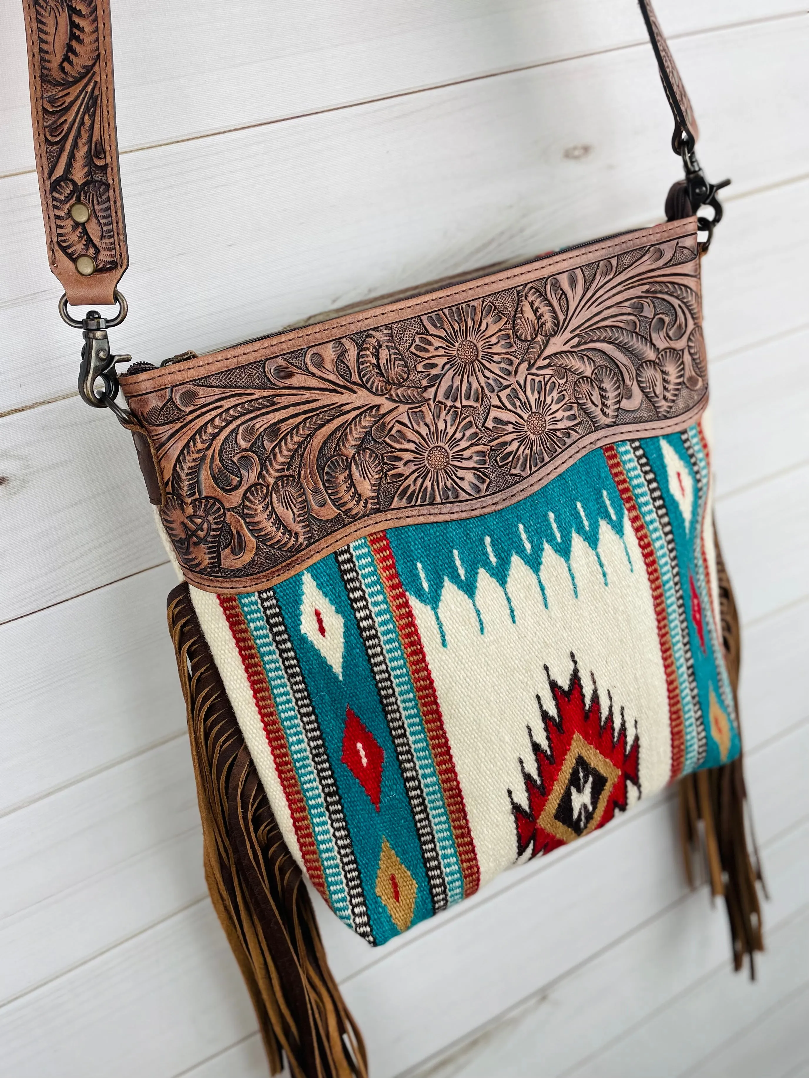 Valley Red & Turquoise Diamond Wool Leather Tooled Fringe Handbag