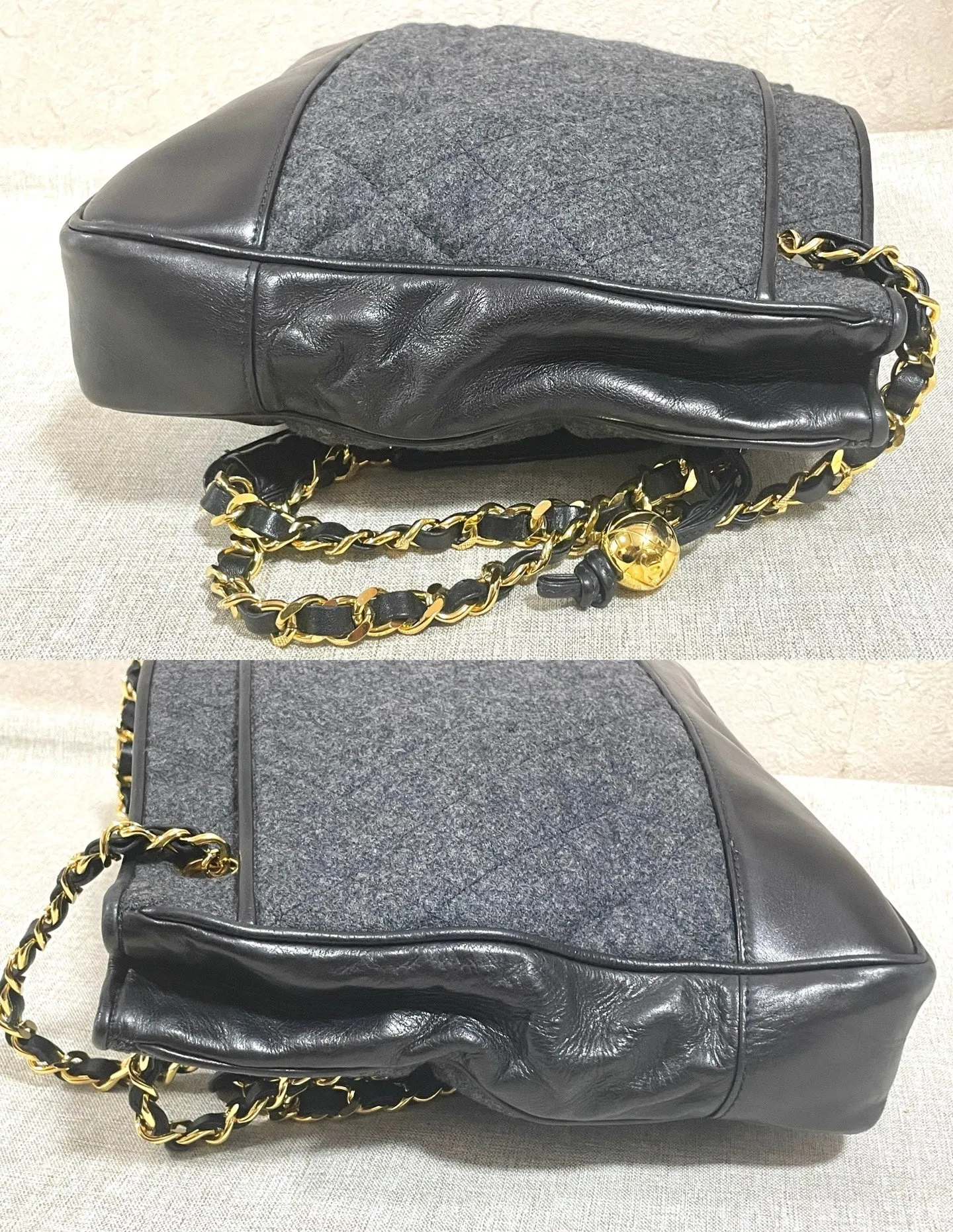 Vintage CHANEL taupe grey canvas and lambskin shoulder tote bag with gold tone chain straps and a CC ball charm. 070125ap2