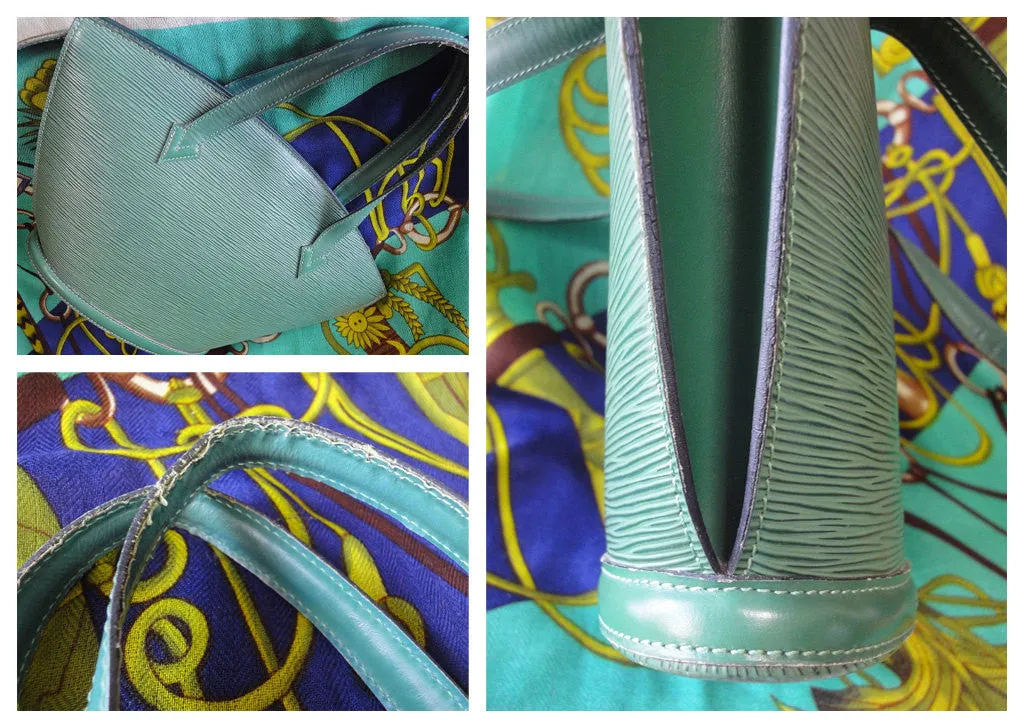 Vintage Louis Vuitton green epi tote bag in V shaped triangle. Perfect vintage LV purse for daily use. Spring