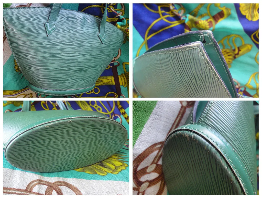 Vintage Louis Vuitton green epi tote bag in V shaped triangle. Perfect vintage LV purse for daily use. Spring