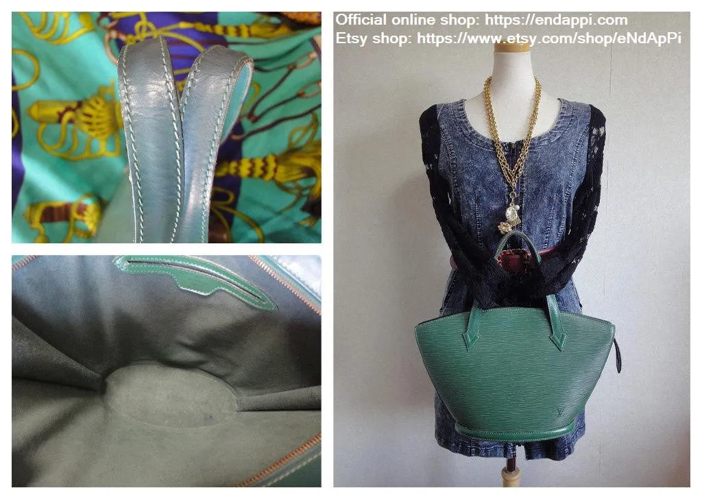 Vintage Louis Vuitton green epi tote bag in V shaped triangle. Perfect vintage LV purse for daily use. Spring