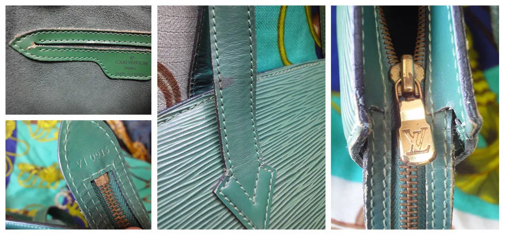 Vintage Louis Vuitton green epi tote bag in V shaped triangle. Perfect vintage LV purse for daily use. Spring