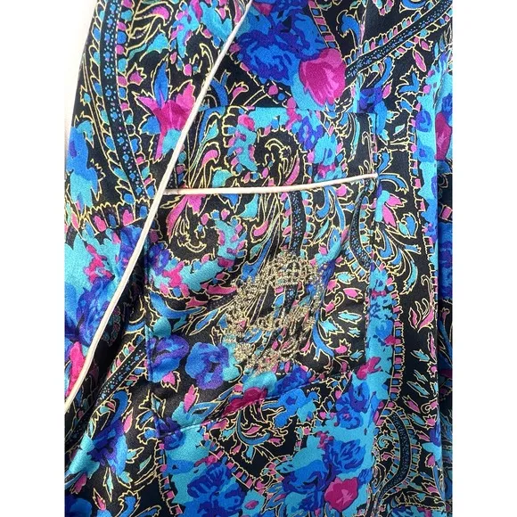 Vtg Adolfo Classics Satin Pajama Top Shirt top embroidered logo sz L