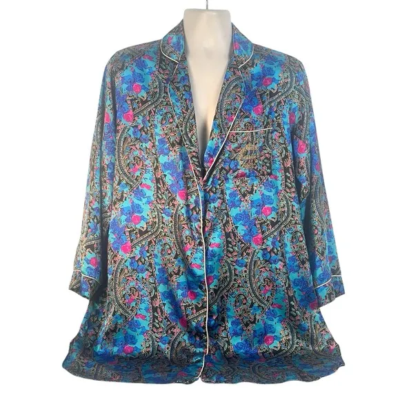 Vtg Adolfo Classics Satin Pajama Top Shirt top embroidered logo sz L