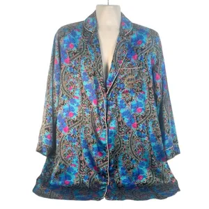 Vtg Adolfo Classics Satin Pajama Top Shirt top embroidered logo sz L