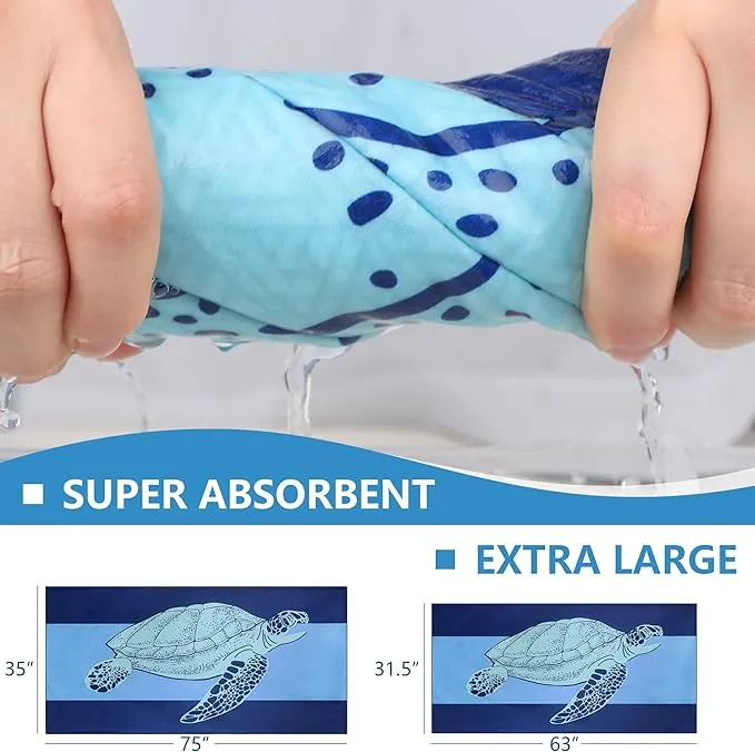 WELTRXE Microfiber Beach Towel Quick Dry, Extra Large 75" x 35" Sand Free Beach Towel Adults Kids Oversized Thin Lightweight Pool Towels for Swim, Travel, Camping, Picnic, Yoga, Sports, Sea Turtle