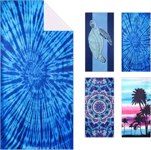 WELTRXE Microfiber Beach Towel Sand Free Quick Dry Compact Lightweight, 63"x31.5" Large Towels for Travel Sports Pool Swimming Bath Camping Yoga Adults, Big Thin Blue Tie Dye Summer Beach Pool Towels