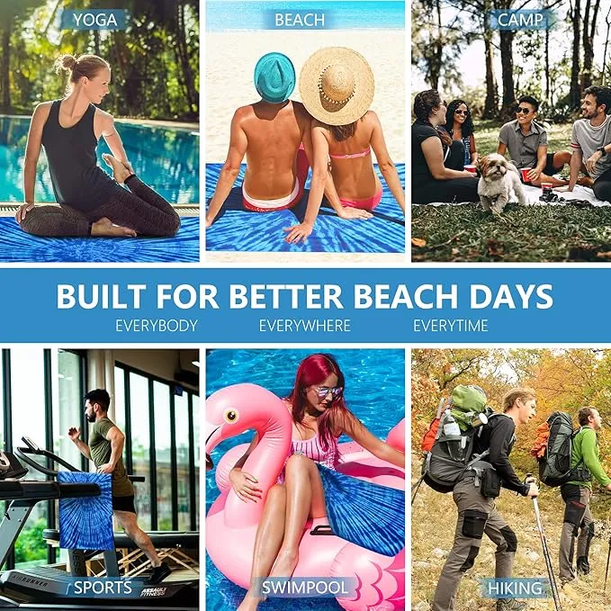 WELTRXE Microfiber Beach Towel Sand Free Quick Dry Compact Lightweight, 63"x31.5" Large Towels for Travel Sports Pool Swimming Bath Camping Yoga Adults, Big Thin Blue Tie Dye Summer Beach Pool Towels