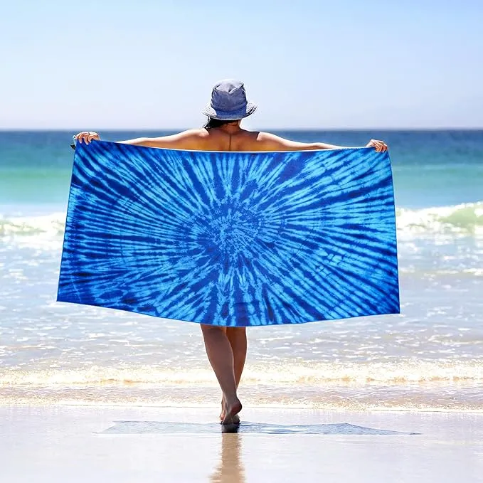WELTRXE Microfiber Beach Towel Sand Free Quick Dry Compact Lightweight, 63"x31.5" Large Towels for Travel Sports Pool Swimming Bath Camping Yoga Adults, Big Thin Blue Tie Dye Summer Beach Pool Towels