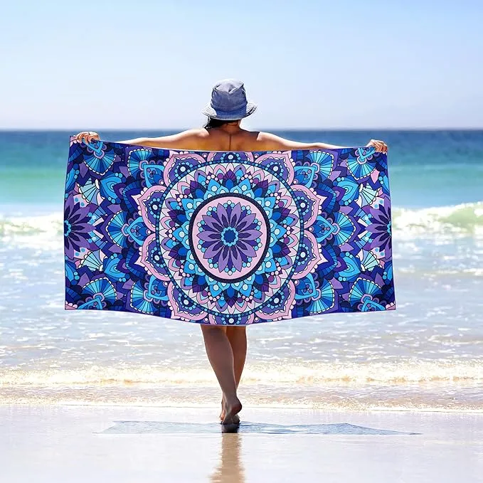 WELTRXE Microfiber Sand Free Beach Towel Thin Quick Dry Super Absorbent 63" x 31.5" Oversized Large Boho Mandala Beach Towels Lightweight Towel for Travel Sports Pool Swimming Bath Camping Yoga Adults