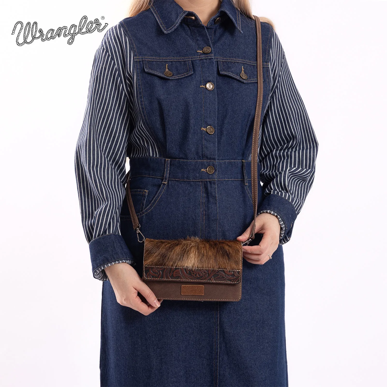 WG169-W030  Wrangler Genuine Hair-On Cowhide Wallet/Crossbody  -Coffee