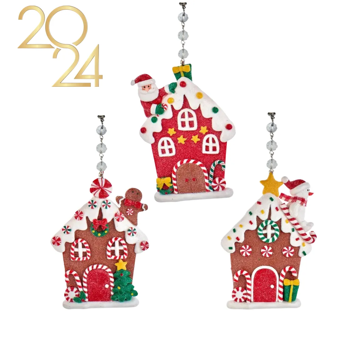 WHIMSICAL FLAT GINGERBREAD HOUSE (Set/1) MAGNETIC CHANDELIER ORNAMENT - 3 STYLES AVAILABLE