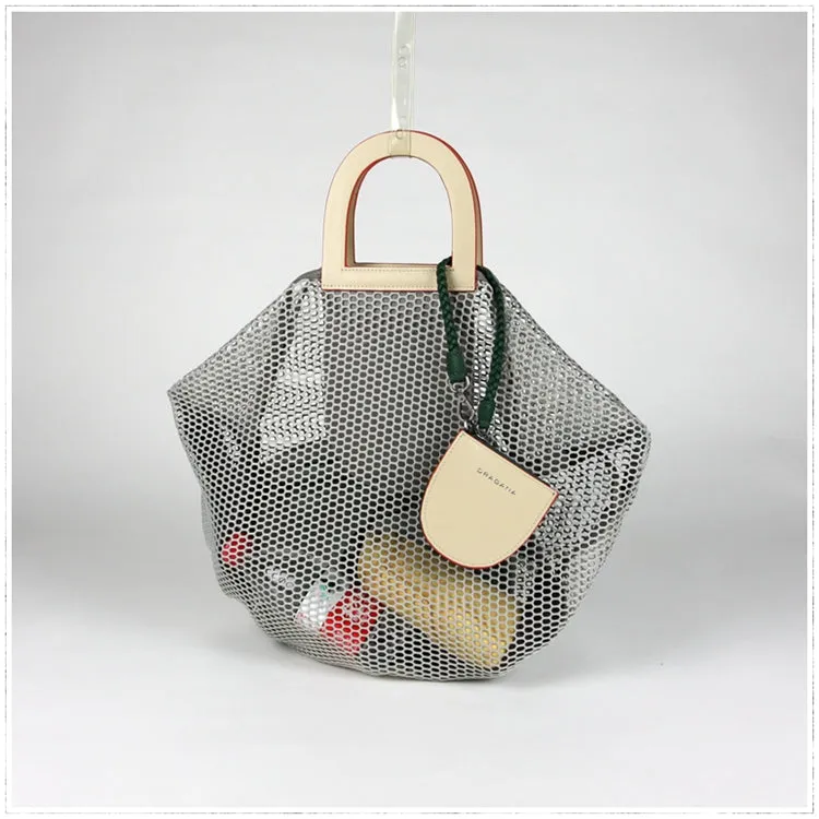 Womens Blue Net Polyester Leather Tote Handbag Purse Polyester Tote Shoulder Bag Purse for Ladies
