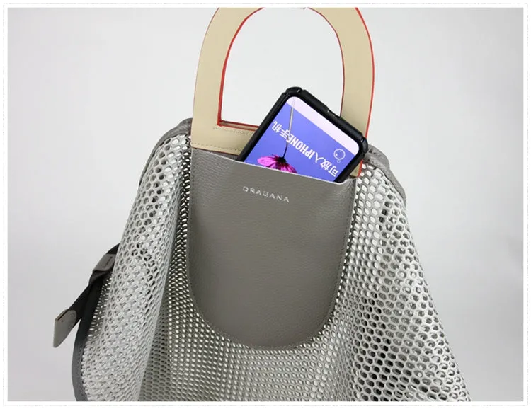 Womens Blue Net Polyester Leather Tote Handbag Purse Polyester Tote Shoulder Bag Purse for Ladies