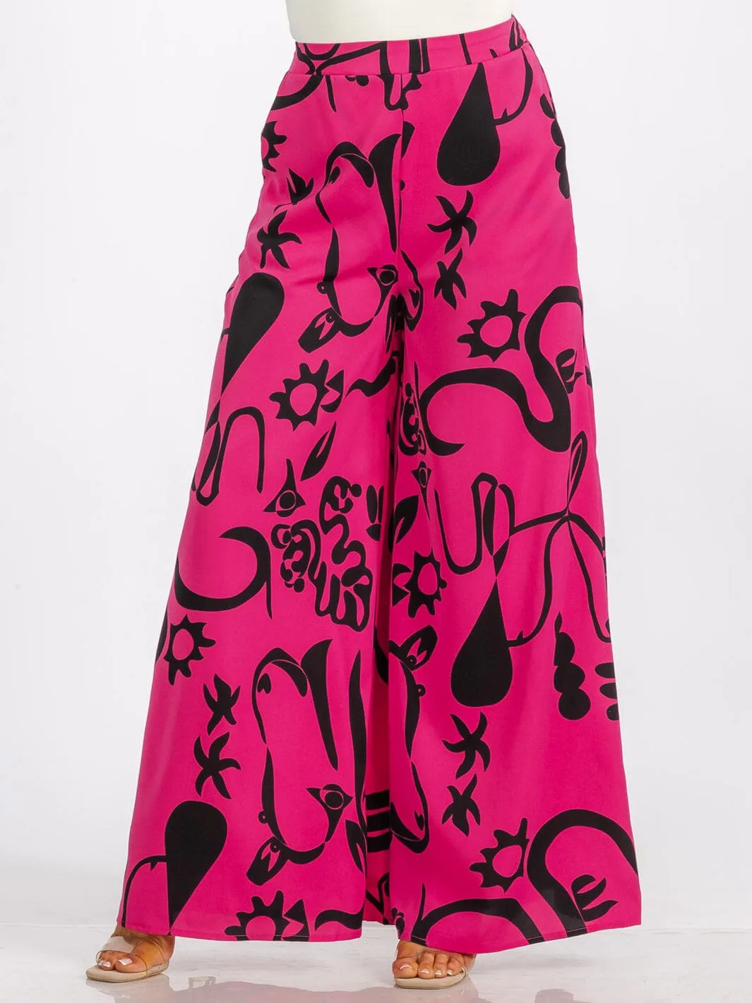 WOMEN'S ELASTIC WAIST FRONT POCKET MULTI PRINT WIDE LEG PALAZZO PANTS