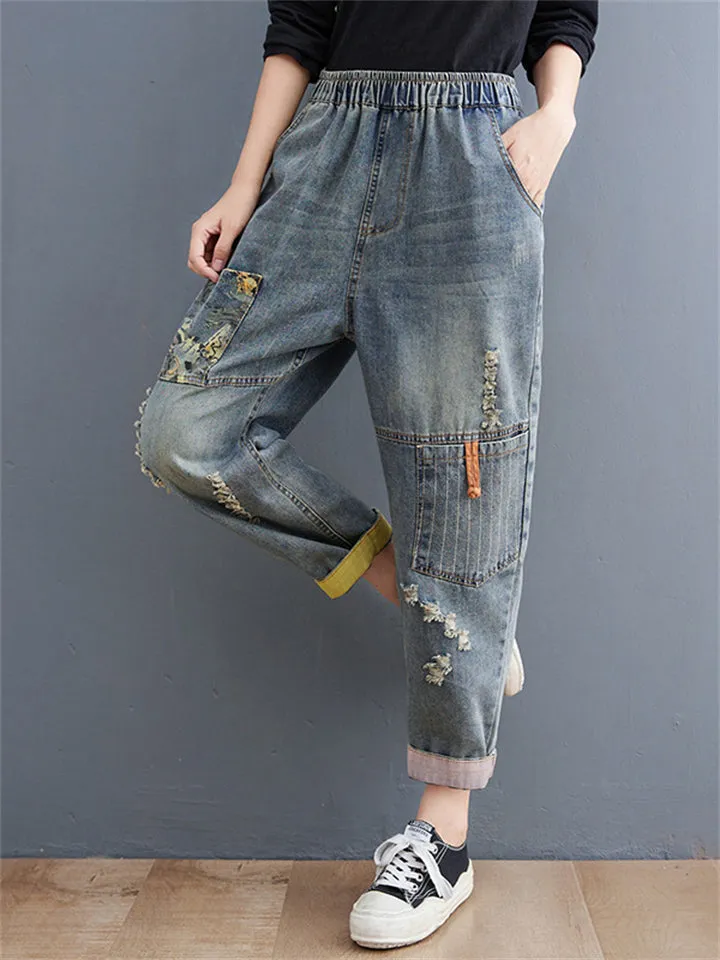 Women's Frayed Patch Printed Elastic Waist Multi-pocket Jeans
