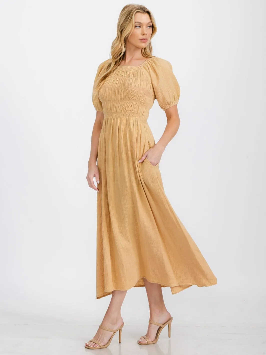 WOMEN'S SHORT PUFF SLEEVE SMOCK FRONT POCKETS MAXI DRESS