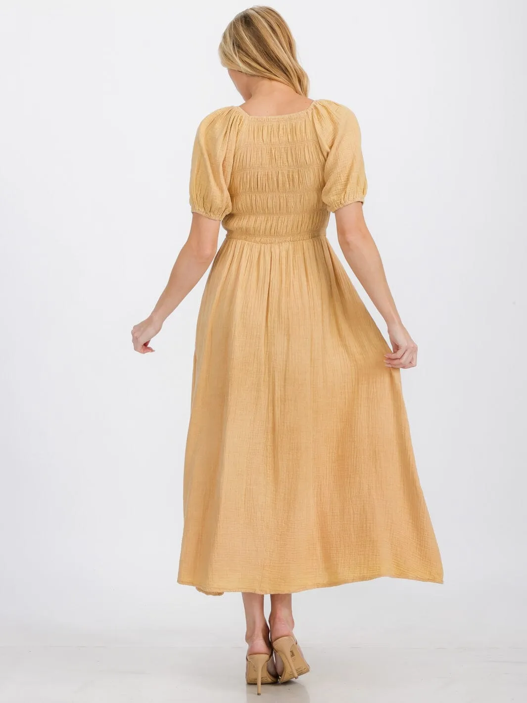 WOMEN'S SHORT PUFF SLEEVE SMOCK FRONT POCKETS MAXI DRESS