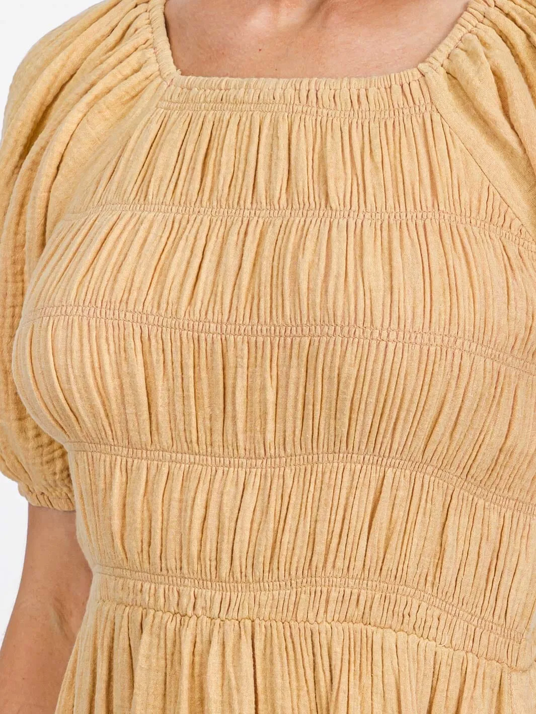 WOMEN'S SHORT PUFF SLEEVE SMOCK FRONT POCKETS MAXI DRESS
