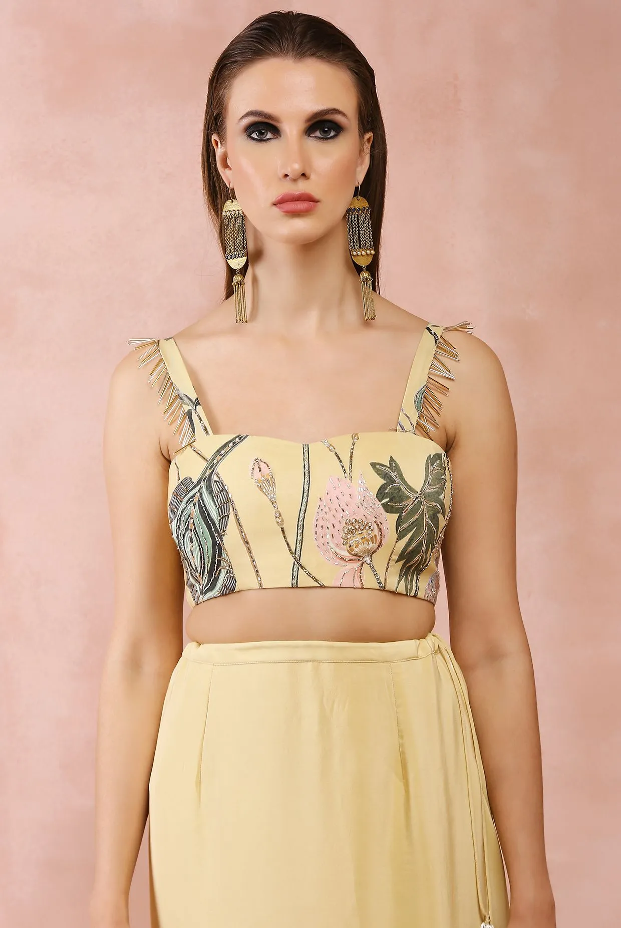 YELLOW NILOUFAR PRINT EMBROIDERED CHOLI WITH SKIRT