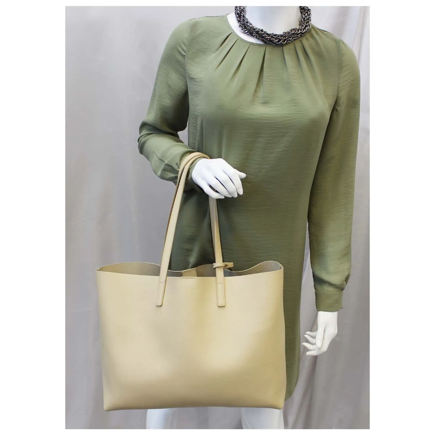 YVES Saint Laurent East/West Leather Shopping Tote Bag Beige