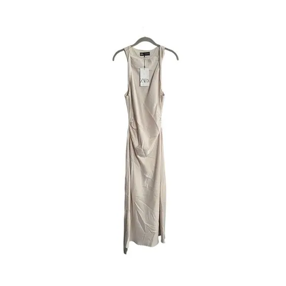 Zara NWT women’s satin effect beige shimmer sleeveless dress midi S/M