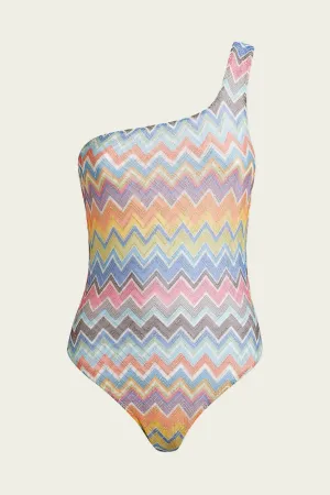 Zig-Zag One-Shoulder One-Piece in Carioca Micro Chevron