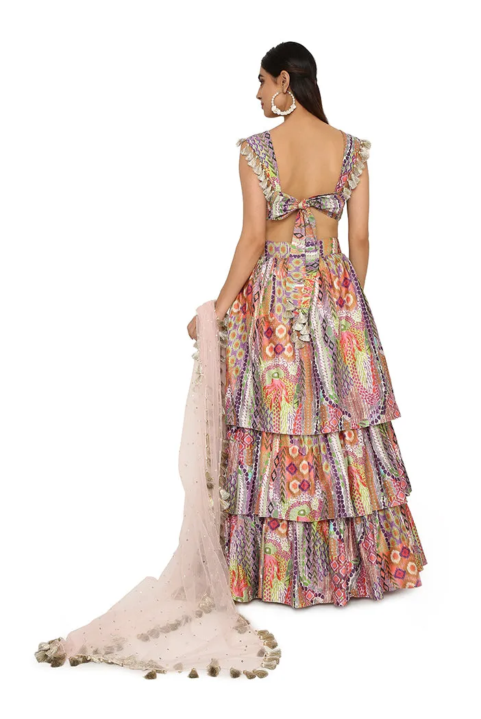 Zoha African Print Dupion Silk Bustier And Ruffled Skirt With Baby Pink Net Dupatta